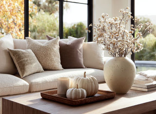 A modern transitional living room styled for fall with pumpkins, a vase and true bloom faux florals, multiple throw pillows and a wood coffee table