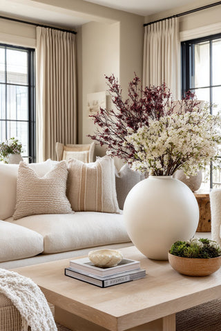 A beautifully styled kitchen counter with a large ceramic vase with large greenery