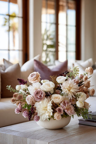 A photo of a stunning True Bloom Luxury Faux Floral Real Touch Arrangement including rose sin purple, white and pink, greenery, cream roses, purple hydrangea, elegant in style