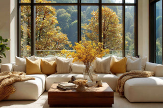 Beautifully Styled Luxury Fall Inspired Living Room with a sofa, a large vase with yellow aspen stems