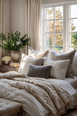Soft layers of bedding including a tasseled throw blanket, a lumbar pillows, a cream colored duvet and a tasseled pillow