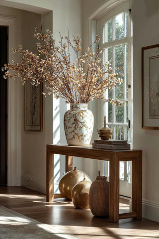A modern traditional style bathroom with a modern take on a traditional bathroom b=mirror, a floral arrangement and traditional style sconces