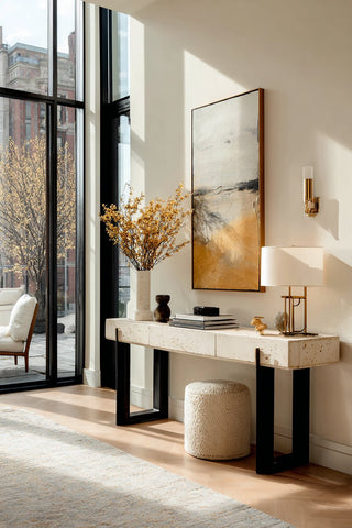 a contemporary decor style kitchen with counter stools and contemporary lighting