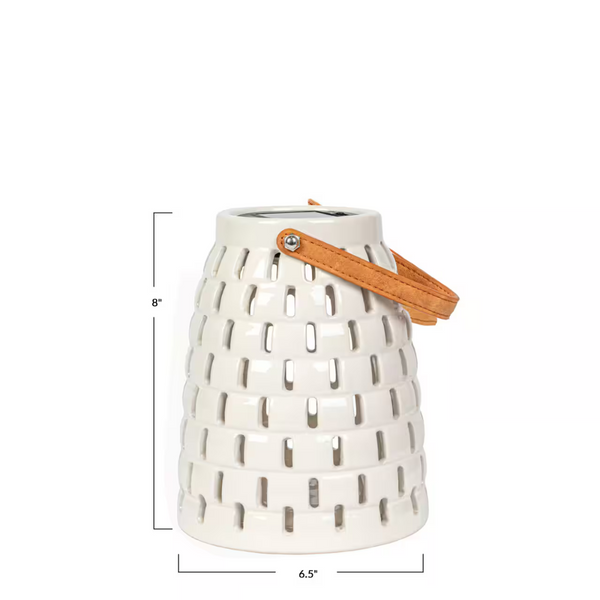 White Ceramic Led Solar Lantern with Faux Leather Handles 