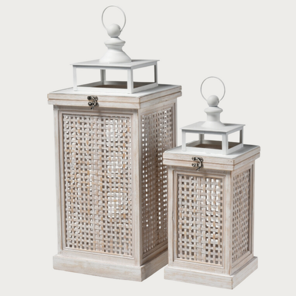 Paley Lantern Set of 2 weather white with woven base. 