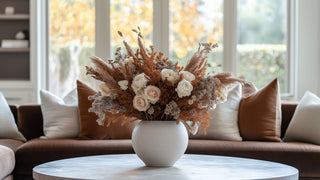 A beautiful fall inspired real touch floral arrangement for home decor with roses and plume grass and baby's breath, in around white vase on a coffee table in the living room of a well decorated home