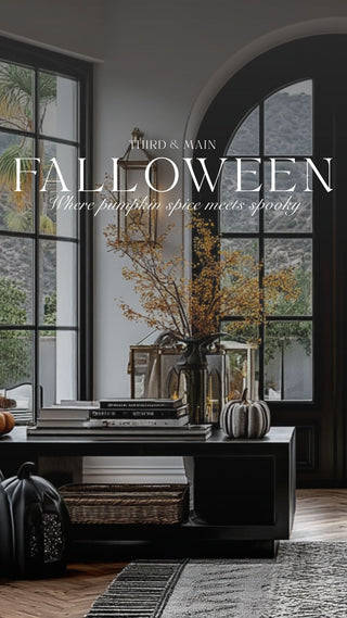 Decorative setup with pumpkins and a vase in a room with large windows, featuring 'Third & Main' text.