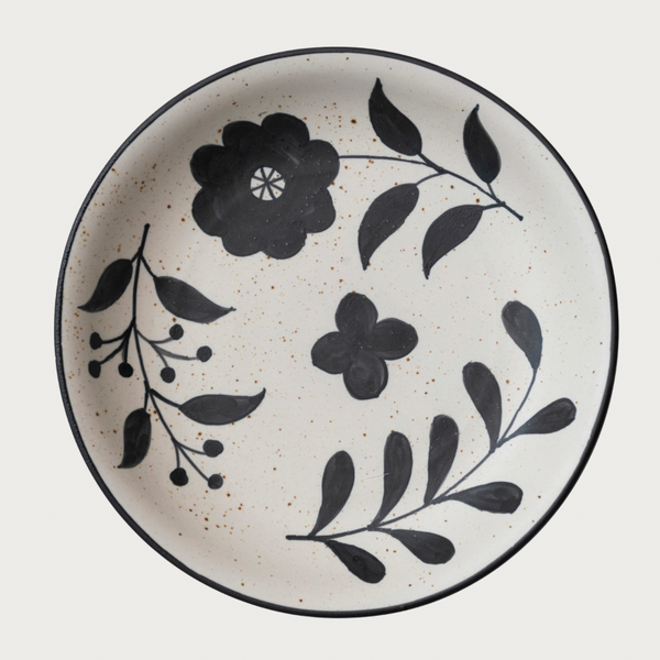 14” Hand Painted Black and Cream Stoneware Bowl