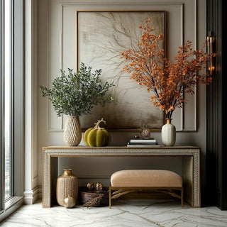 Styled 9'5" green velvet pumpkin with gold filigree stem on a long entryway console table of a luxury modern contemporary decor style home