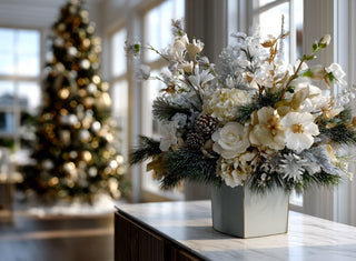 Styled trueb bloom faux floral arrangement by Third & Main placed on a luxury console table in a modern contemporary decor style home