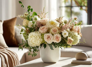  luxury interior photograph of a full, lush, and dimensional floral arrangement with a natural, organic shape and soft asymmetry, featuring a refined mix of premium blooms such as garden roses, ranunculus, hydrangea
