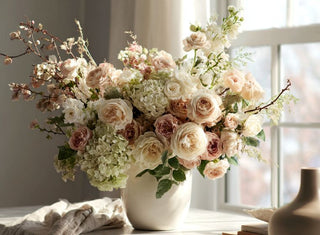 a full, lush, and dimensional floral arrangement with a natural, organic shape and soft asymmetry, featuring a refined mix of premium blooms such as garden roses, ranunculus, hydrangea, and delicate accent stem
