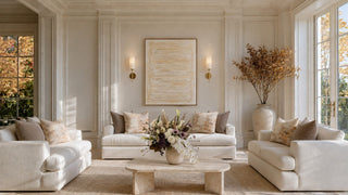 Luxe living room from Third & Main’s Fall 2026 curated home decor collection, featuring elegant cream sofas, traditional wall paneling, warm neutral furnishings, floral pillows, natural wood accents, and an elevated floral centerpiece.