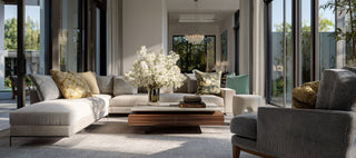 Modern traditional living room featuring a tailored neutral sectional sofa, classic accent pillows, a wood coffee table with stacked books, soft floral arrangement, and an elegant interior that blends timeless design with modern refinement