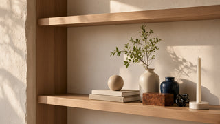 A light oak shelf styled with a speckled stone orb on two stacked books, a cream ceramic vase holding a green branch, a dark blue vase, a burlwood box, a black glass knot, and a white taper candle in a marble holder, lit by warm afternoon sun.