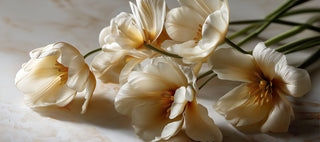 Close-up of white faux floral stems with soft petals and natural drape, styled for a modern, neutral home decor arrangement