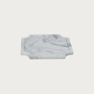 Medium 10.25-inch Volakas marble decorative tray with natural soft gray veining, creamy white stone, satin finish, and architectural curved corners.