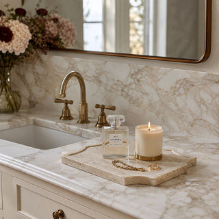 10.25 Inch white travertine stone tray styled on a marble bathroom vanity with perfume, candle and gold jewelry.