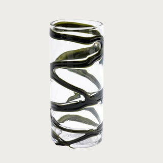 10.75 inch Smoked Olive Ribbon Glass Vase with clear glass, smoked olive green ribbon detail, tall cylindrical shape, and art glass inspired 
