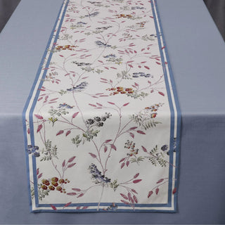 108" Long Sienna Linen table runner in floral design on a table . Machine wash and dryer friendly. Third & Main, Table Runner