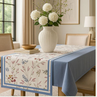 108" Long Sienna Linen table runner in floral design on a table in a modern traditional decor style dining room with a vase and white peony. Machine wash and dryer friendly. Third & Main, Table Runner