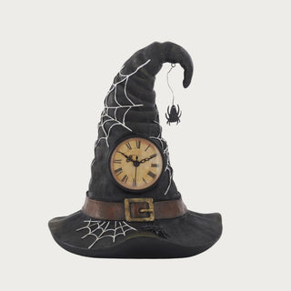 11.5 Inch Decorative Resin Witch Hat with black hat shape, decorative clock face, white web details, brown band, antique buckle, and hanging spider accent.