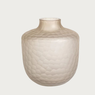 11.75 Inch Large Taupe Frosted Cut Glass Vase with rounded silhouette, narrow neck, frosted finish, and cut glass texture for floral arrangements.