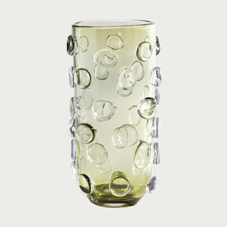 11.75 inch Olive Green Celeste Tall Vase/Hurricane in smoky olive green glass with raised circular texture for candles, stems, or year-round decor.
