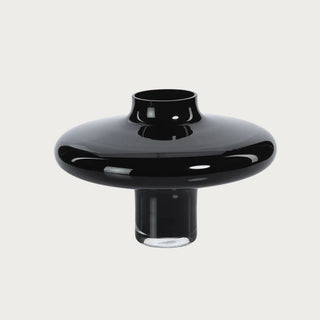 Medium Onyx Opal handmade black glass vase with sculptural rounded silhouette and glossy finish – modern artisan home décor accent.