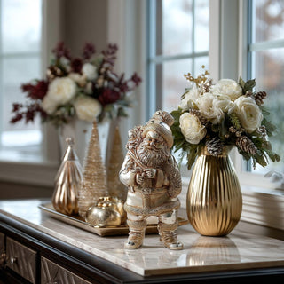 Antiqued Silver Santa figurine with hands on belt, elegant metallic Christmas tabletop décor. Third and Main, Home Decor, Holiday Decor, Christmas Decor