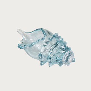 11 inch Aqua Lagoon Glass Seashell in translucent aqua glass with sculptural ridges, coastal shell detail, and reflective finish for spring and summer tabletop styling.