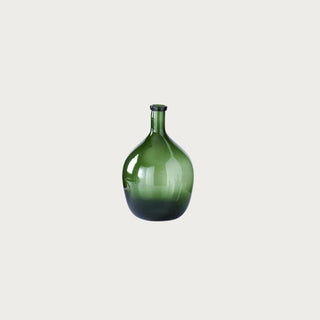 Small 11-inch translucent green glass bottle vase with a rounded body, narrow bottle neck, glossy finish, and rich green coloration.