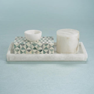 This is a beautiful creamy white 11" Long  Alabaster Tray. Each tray is handcrafted and will have natural variations in coloring. Third & Main, Alabaster, Marble, Vanity Trya, Decorative Tray, Luxury Decor, Luxury bathroom. 