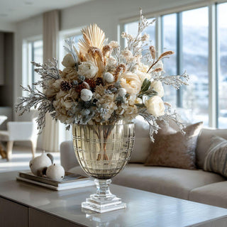 Taupe cut glass vase with clear pedestal base, 12.5 inches tall, featuring faceted smoky glass detail and elegant modern design photographed against a neutral background.