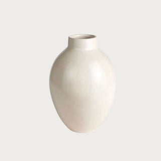 Creamy beige semi-gloss ceramic vase with rounded sculptural shape, handcrafted and shown as a 12.75-inch decorative vessel on a clean background.