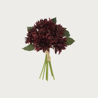 12 Inch High set of 6 stems Real Touch Burgundy Dahlia Bundle with green leaves perfect for fall and autumn floral styling 