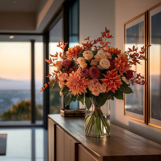12 inch real touch rust dahlia bundle of 6 stems styled in a beautiful fall flora larrangement 