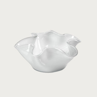 Styled in a luxurious dining area 12" Contemporary decor style Frosted white glass bowl with sculptural ruffled edges 