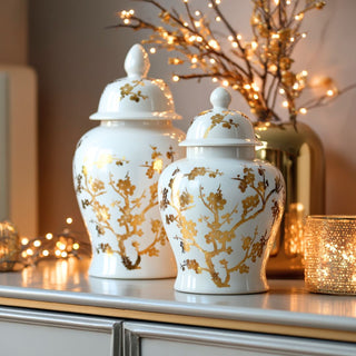12-inch gold and white ceramic ginger jar with metallic floral design, decorative accent for shelves or tables Third & Main, Home Decor, Holiday Decor,Winter Decor, Luxury Decor, Luxury Winter Decor, Luxury Holiday Decor, Contemporary Decor, Ginger Jar, Chinoiserie Design