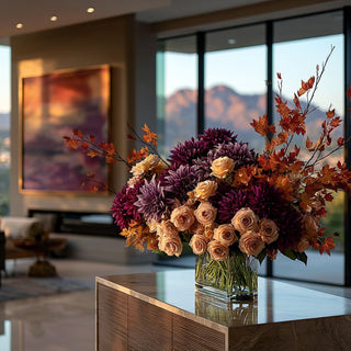 12 Inch Real Touch Purple Dahlias styled beautifully with multiple other fall florals for fall decorating 