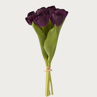 13 inch 6-Stem True Bloom Real Touch Tulip Bundle in Deep Plum showing lifelike layered petals and natural green leaves, Third & Main