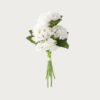 White real touch hydrangea 6 stem bundle with full layered blooms and green foliage, shown as a 13-inch faux floral arrangement on a clean background.