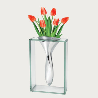 13-inch clear crystal rectangular vase with sculptural polished aluminum insert shown with orange-red tulips for display; flowers not included.
