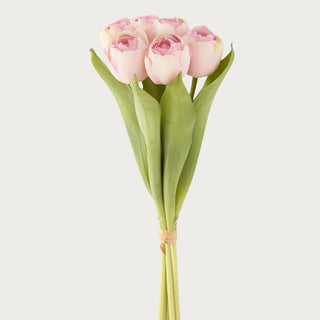 Bundle of six soft pink True Bloom real touch tulip stems with green leaves tied together, 13 inch, Third & Main
