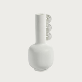 Modern white ceramic vase with sculptural side detail on a neutral background