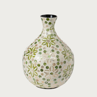 13.5 inch Capraia Pearl Garden Vase with pearl capiz shell, soft green botanical inlay, rounded silhouette, and narrow neck for faux florals, greenery, and decorative styling.