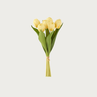 True Bloom™ real touch light yellow tulip bundle with six lifelike faux stems on a neutral background
