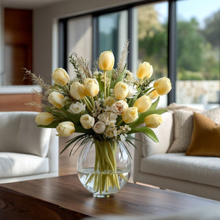 True Bloom™ real touch light yellow tulips arranged in a clear glass vase, styled in a modern light-filled living room