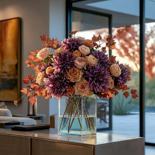 13" Purple Real Touch Dahlias styled in a vase with other elegant fall floral stems on a credenza