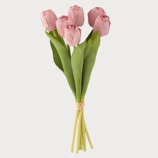 6 Stem True Bloom  Warm Coral Real Touch True Bloom Floral 6 stem artificial luxury Tulip Bundle styled on a soft white background